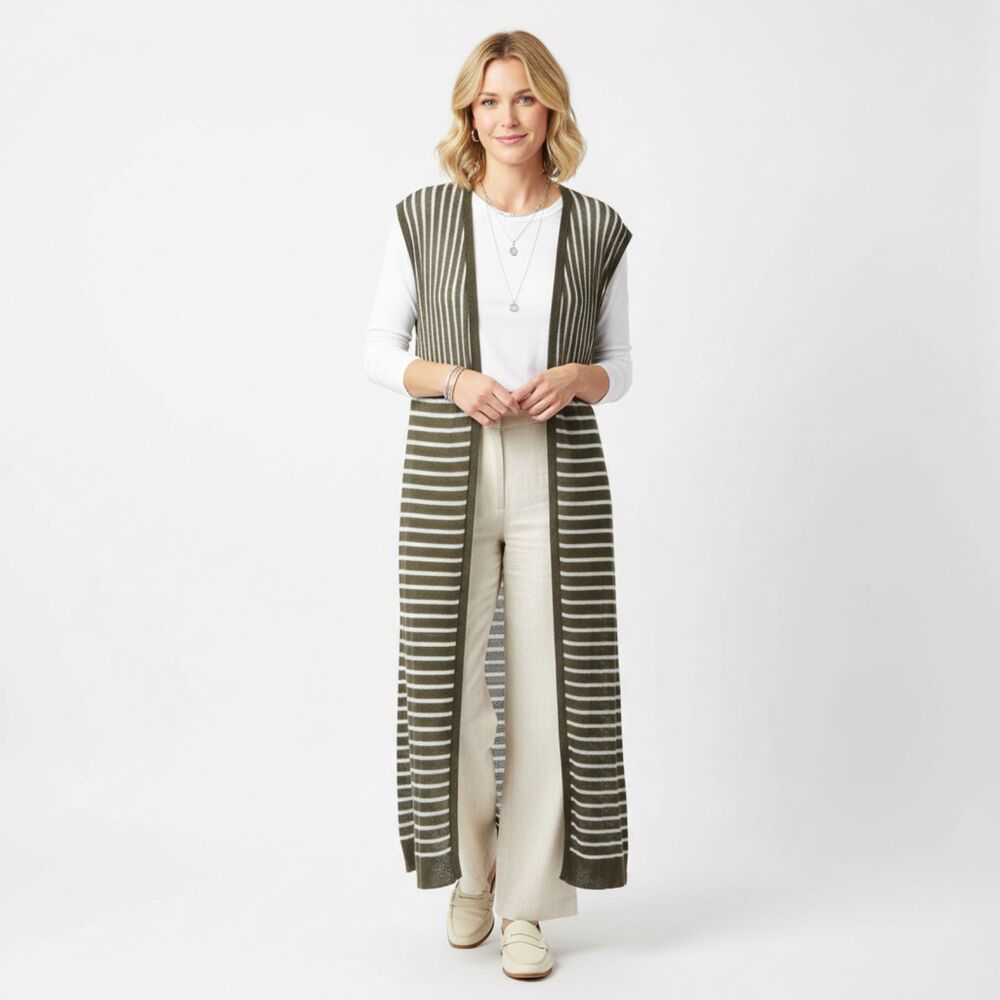 POL Gray & White Striped Open Long Sleeveless Duster Sweater‎ M